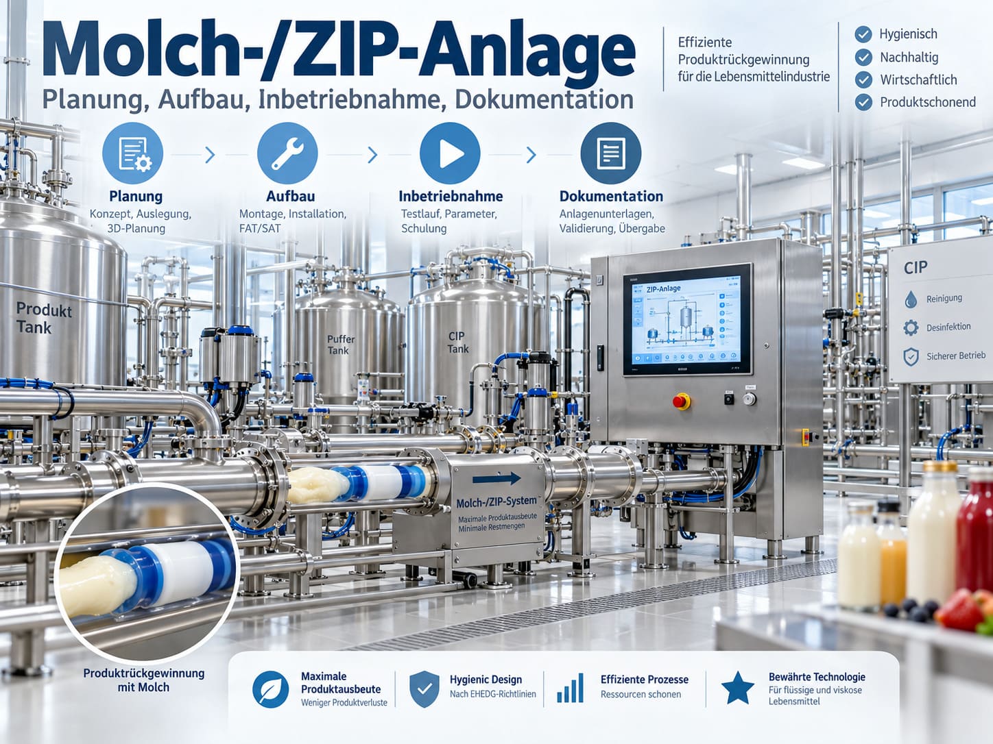 Übersichtsgrafik zur Molch-/CIP-Anlage mit Projektphasen von Planung bis Dokumentation